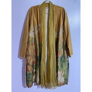 Soft Surroundings Duster XLP Yellow Orofino Suede Jacket Artsy Floral Silk Scarf